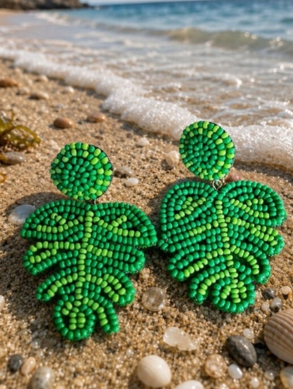 Seed Beads Green Palm Leaves Leather? Backed Pierced Gold Tone Earrings NWOT